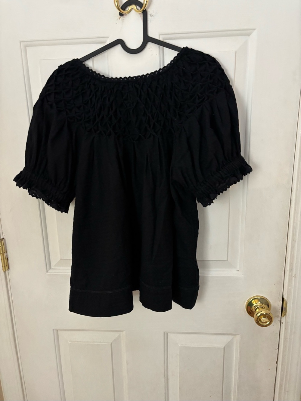 Sundance Black Smocked Puff-Sleeve Peasant Top - Picture 2 of 2